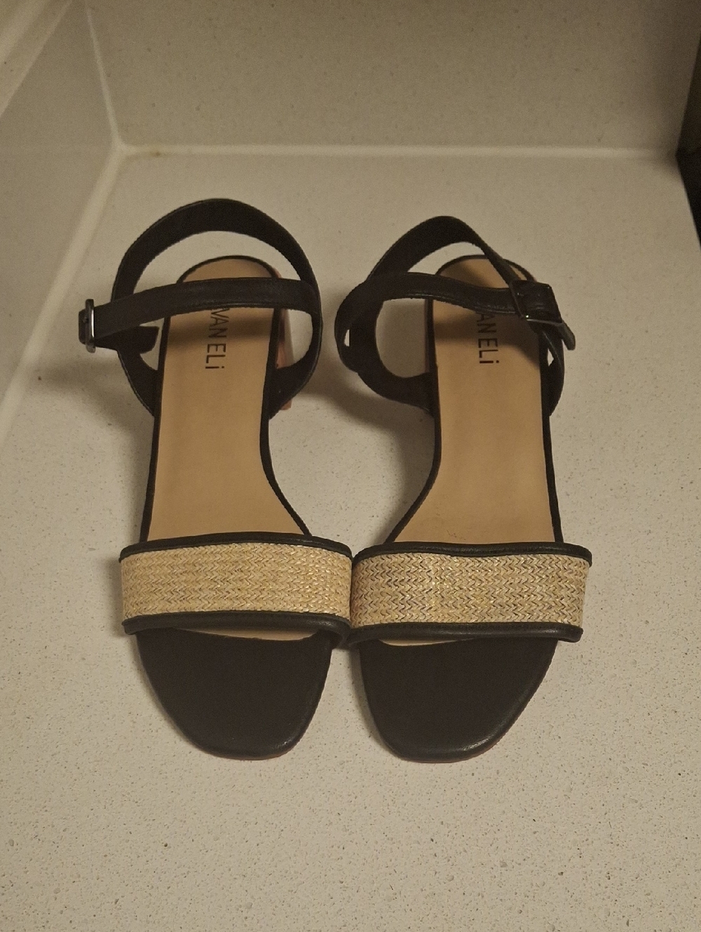 Vaneli Black & Natural Woven-Trim Ankle Strap Sandals